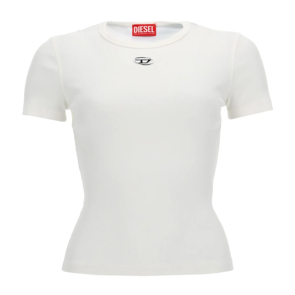 Diesel Vrouw Wit Tops Dames, S, Katoen, Slim Geribbelde T-Shirt Met Metalen Oval D