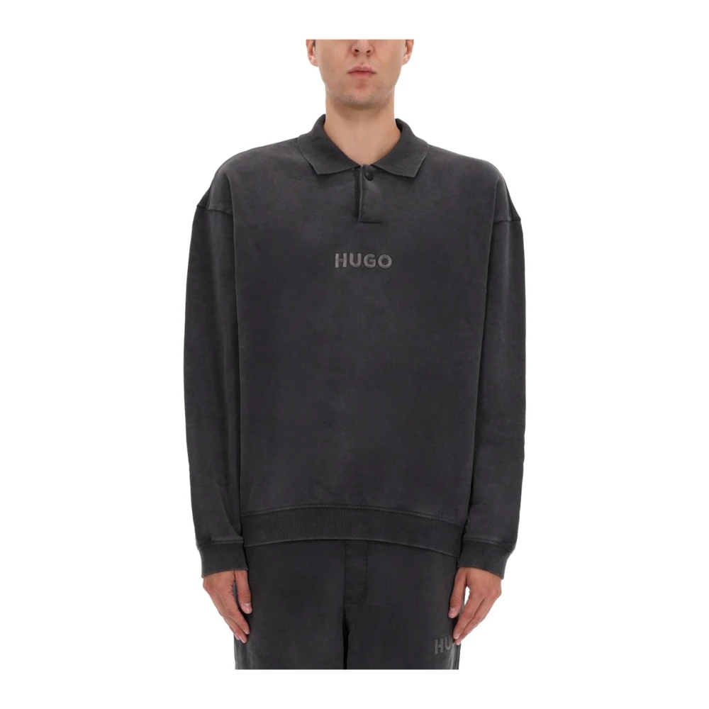 Hugo Herren Grau Polo-Sweatshirt Aus Baumwolle Mit Washed-Effekt
