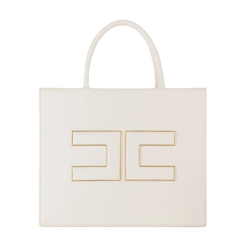 Elisabetta Franchi Synthetische Leren Shopper Tas met Gouden Metalen Logo Plaat Beige Dames