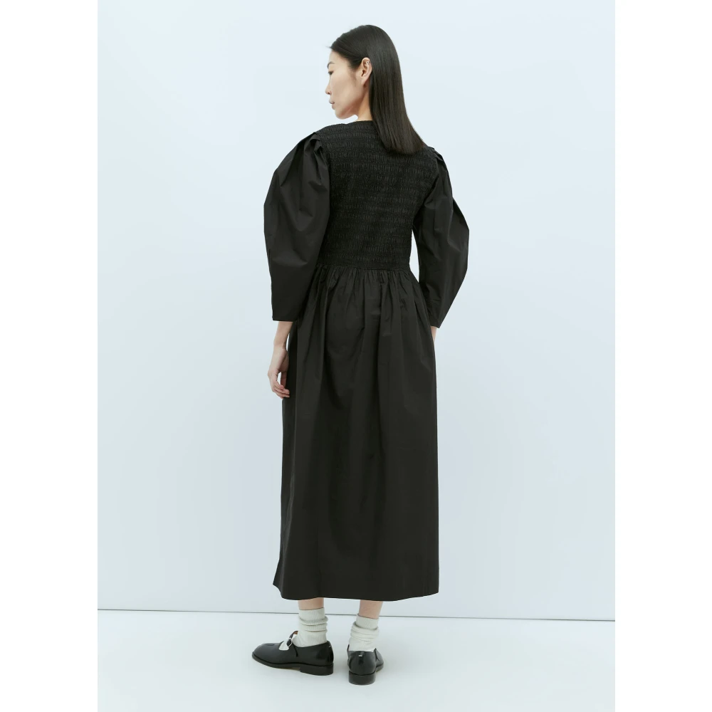 Ganni Open-Hals Midi Jurk met Ballonmouwen Black Dames