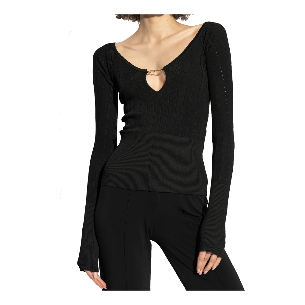 Jacquemus Gebreide V-hals Top met Metallic Logo Black Dames