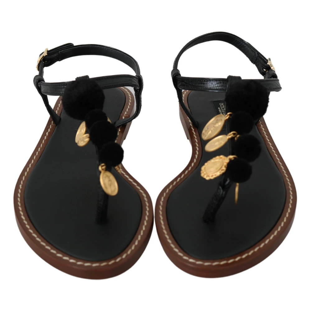 Dolce & Gabbana Black Leather Coins Flip Flops Sandals Shoes - EU35/US4.5 - Image 2