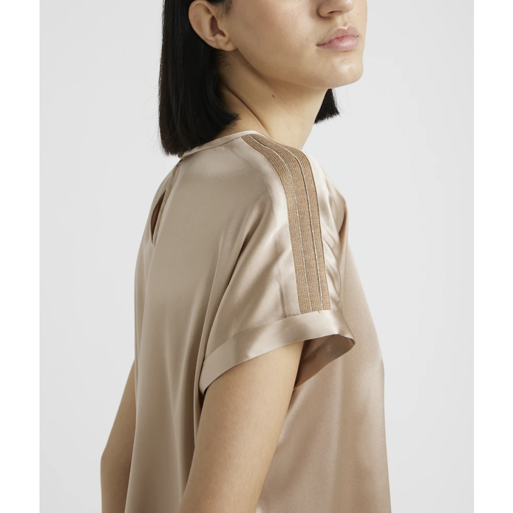 PESERICO Zijden satijnen T-shirt met Punto Luce afwerking Brown Dames