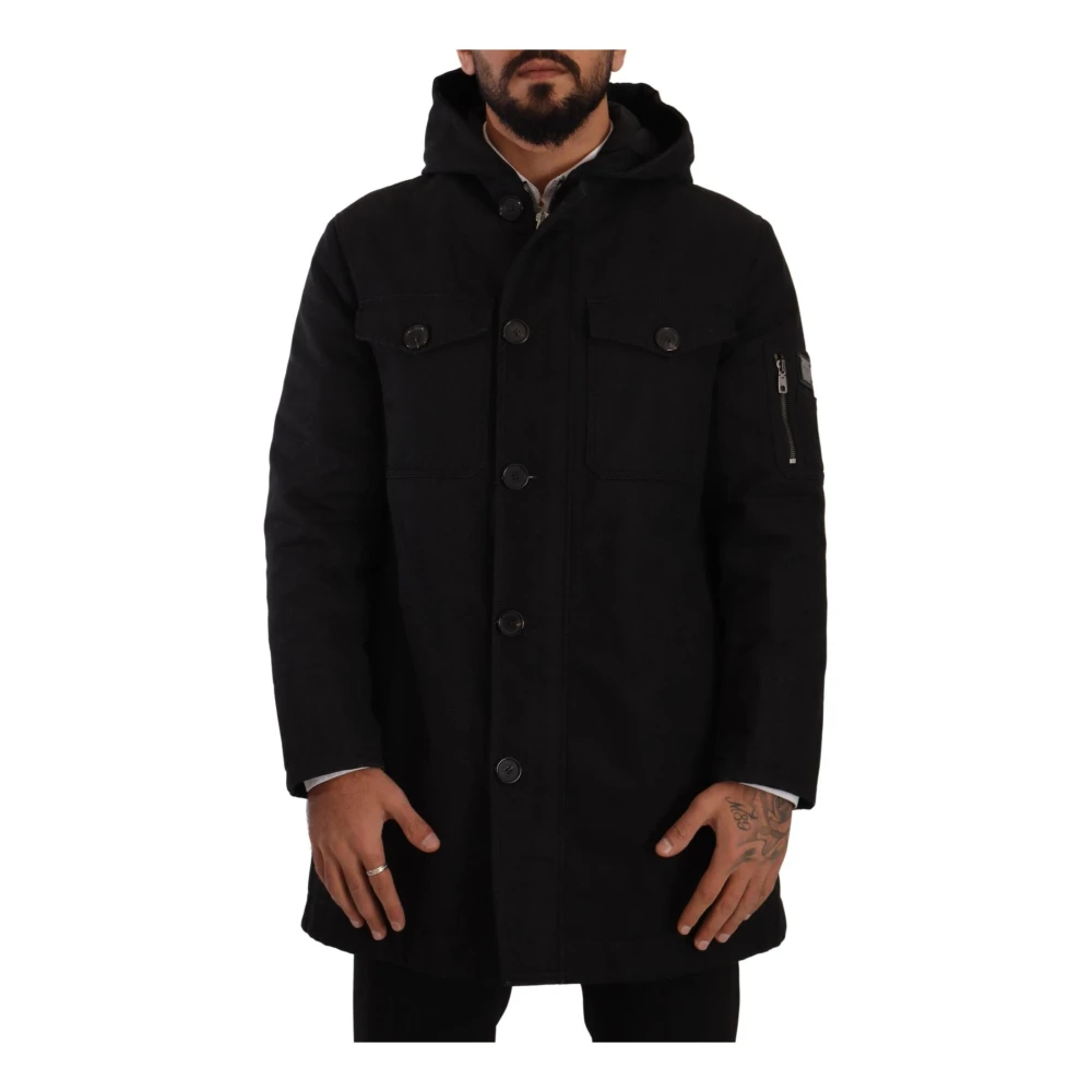Dolce & Gabbana, Black Denim Hooded Parka Coat Winter Jacket Black, male, Size: S