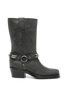 Svart Läder Mid-Calf Blockklack Skor