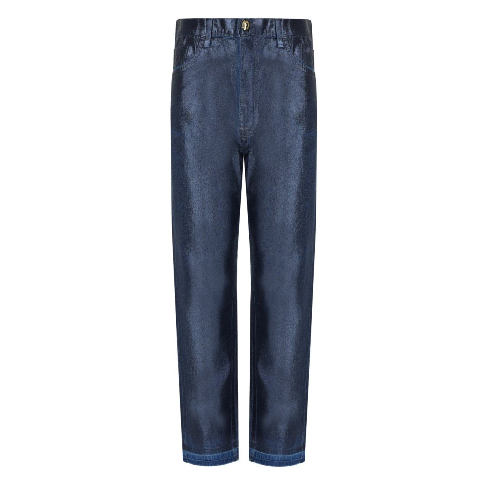Elisabetta Franchi Blue Laminated Baggy Jeans In Denim - Female - Straight Fit Jeans - W27 - Jeans