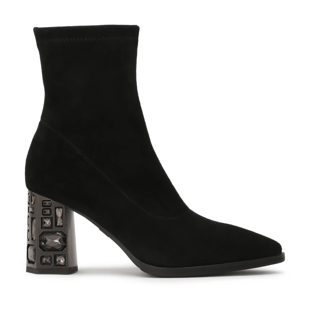 Kazar Femme Noir Chaussures, Taille: 36 Eu Bottes En Tissu Extensible Avec Un Talon Orné