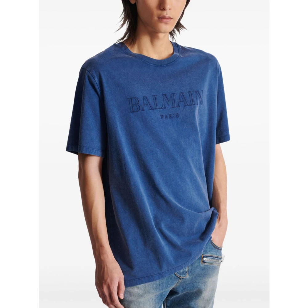 Balmain Navy Blauw Logo Print T-shirt Blue Heren