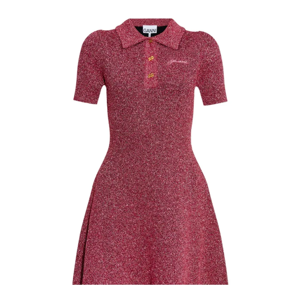 Ganni Roze Gebreide Metallic Jurk met Polokraag Pink Dames