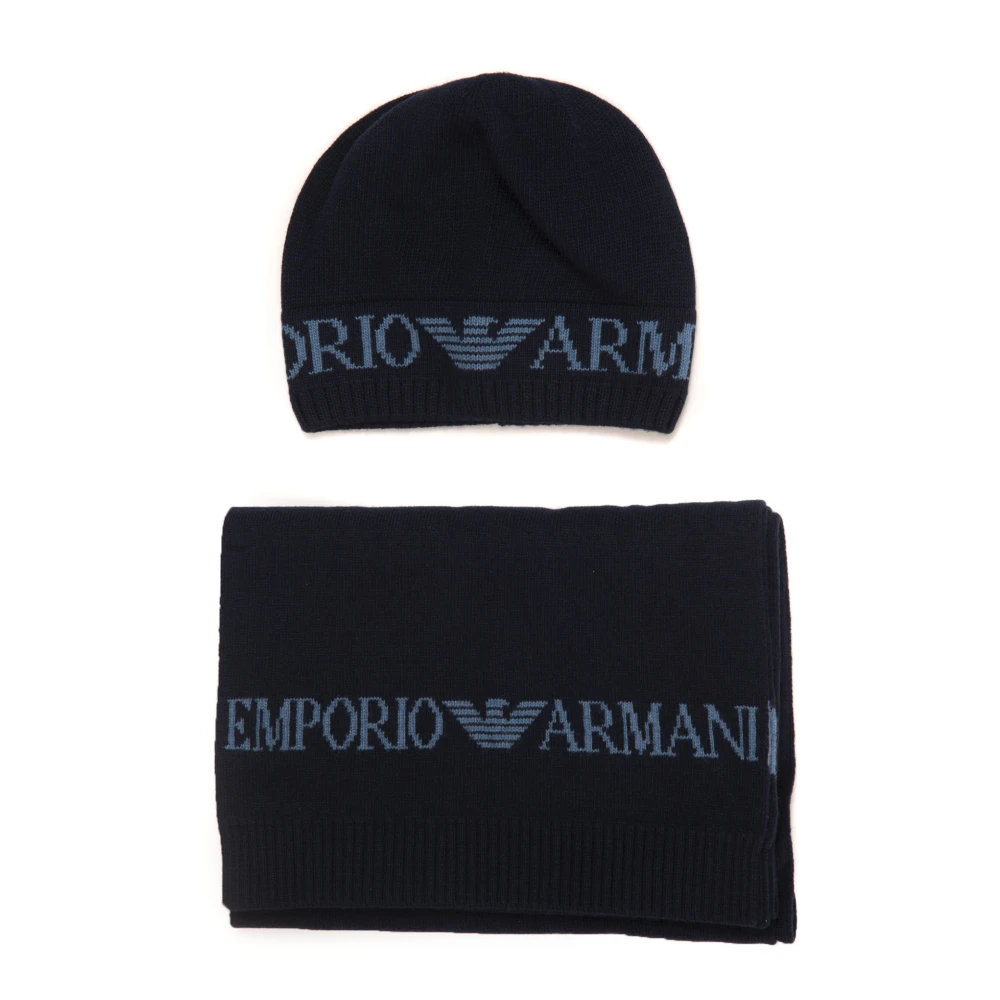 Emporio Armani Halsduk och Hatt Set, Blå, Stickad Ribbavslutning Blue, Herr