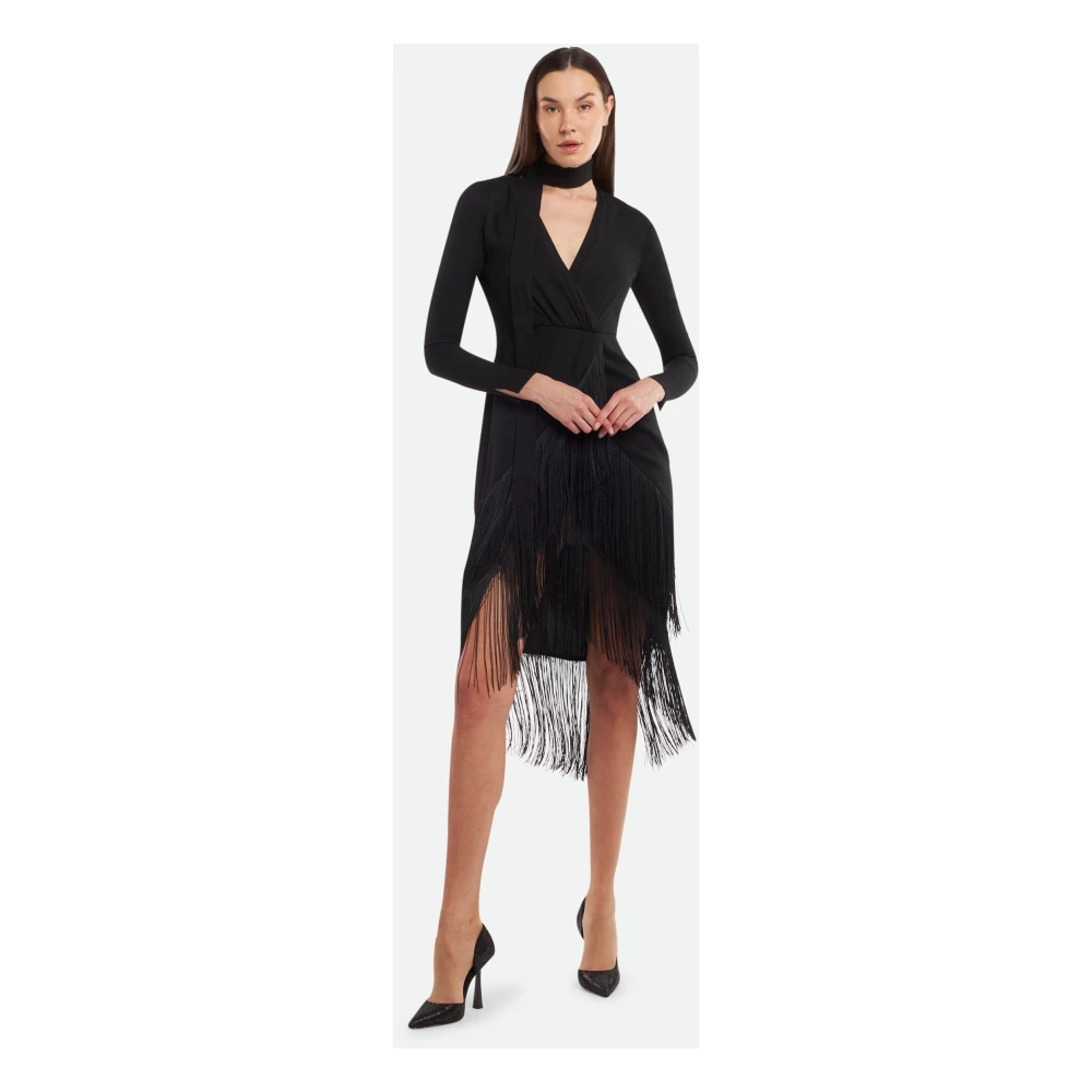 Twinset Lange Zwarte Jurk met Franje Detail Black Dames