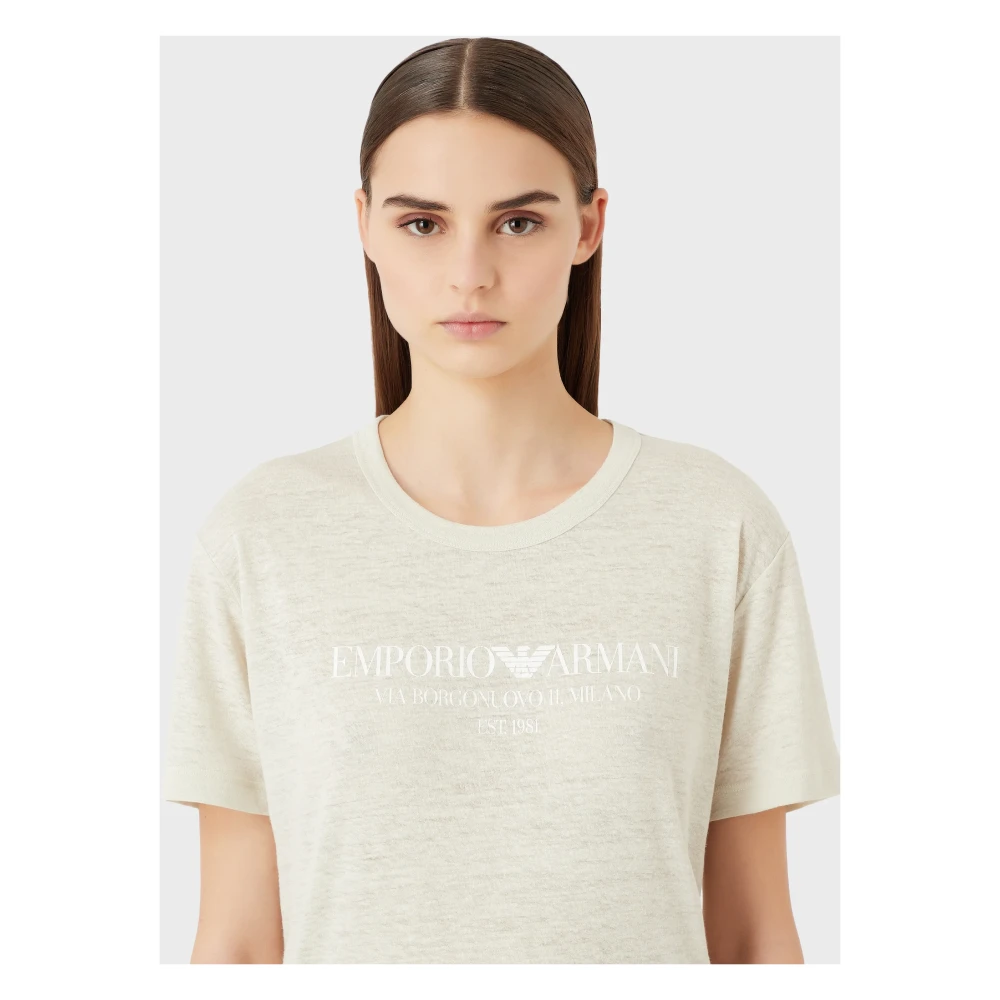 Emporio Armani Iconische Jersey T-shirt met Logo Print Beige Dames