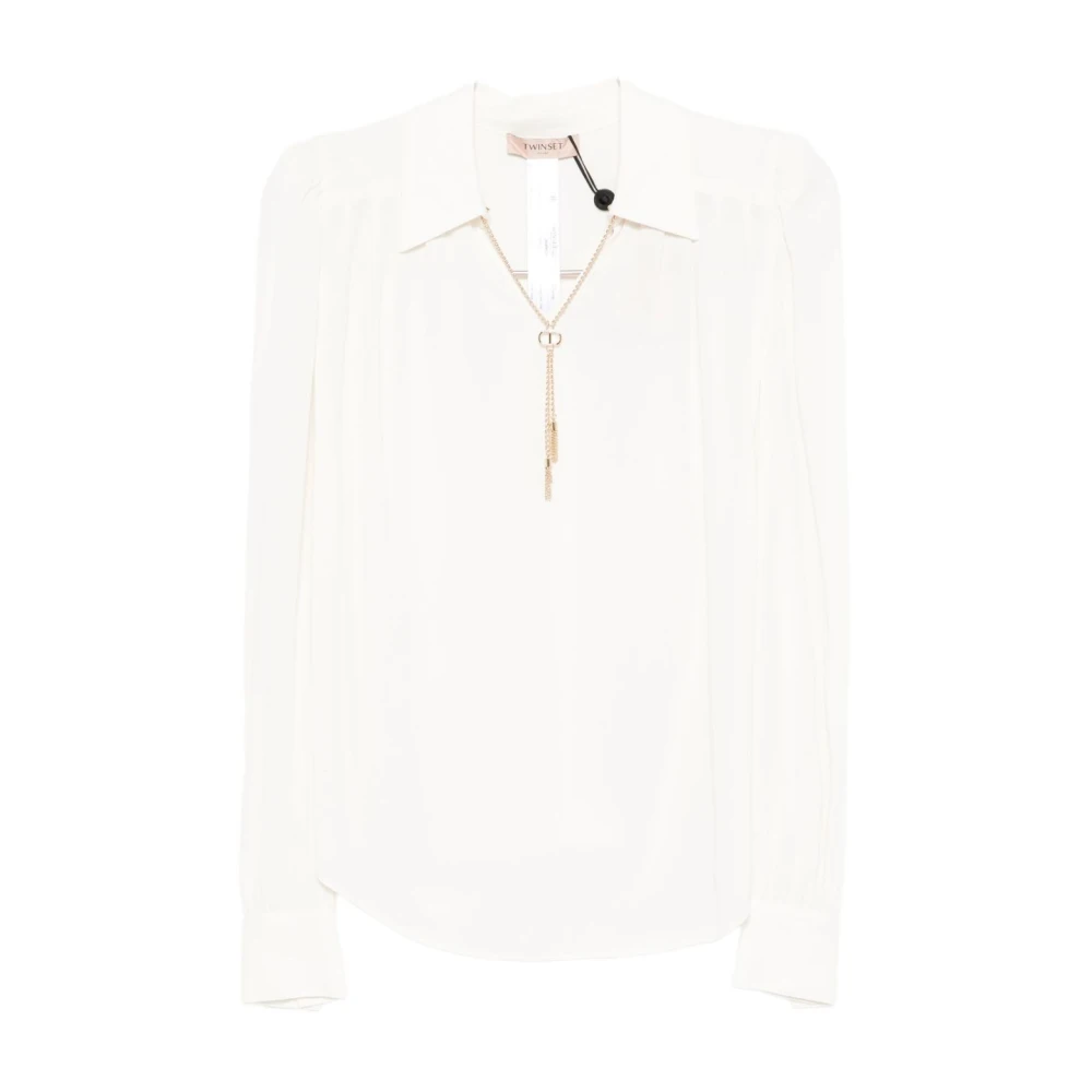 Twinset Women's White Blouses, Xl, Chain-Embellished Polo Jumper