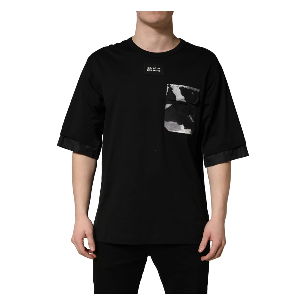 Dolce & Gabbana Men's Black T-Shirts, M, Dg Dna Logo Camouflage Oversized Cotton Pocket T-Shirt