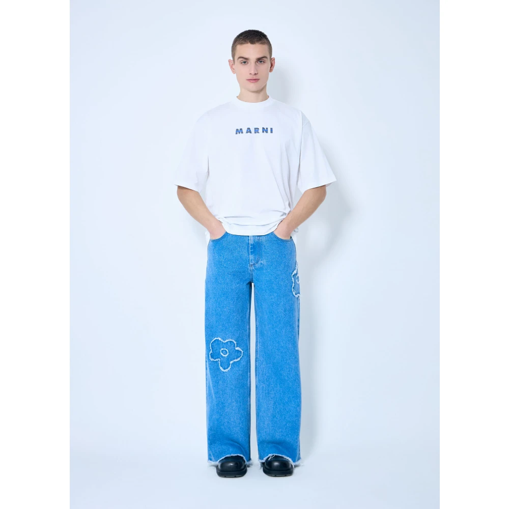 Marni Bloemen Patch Wide-Leg Jeans Blue Heren