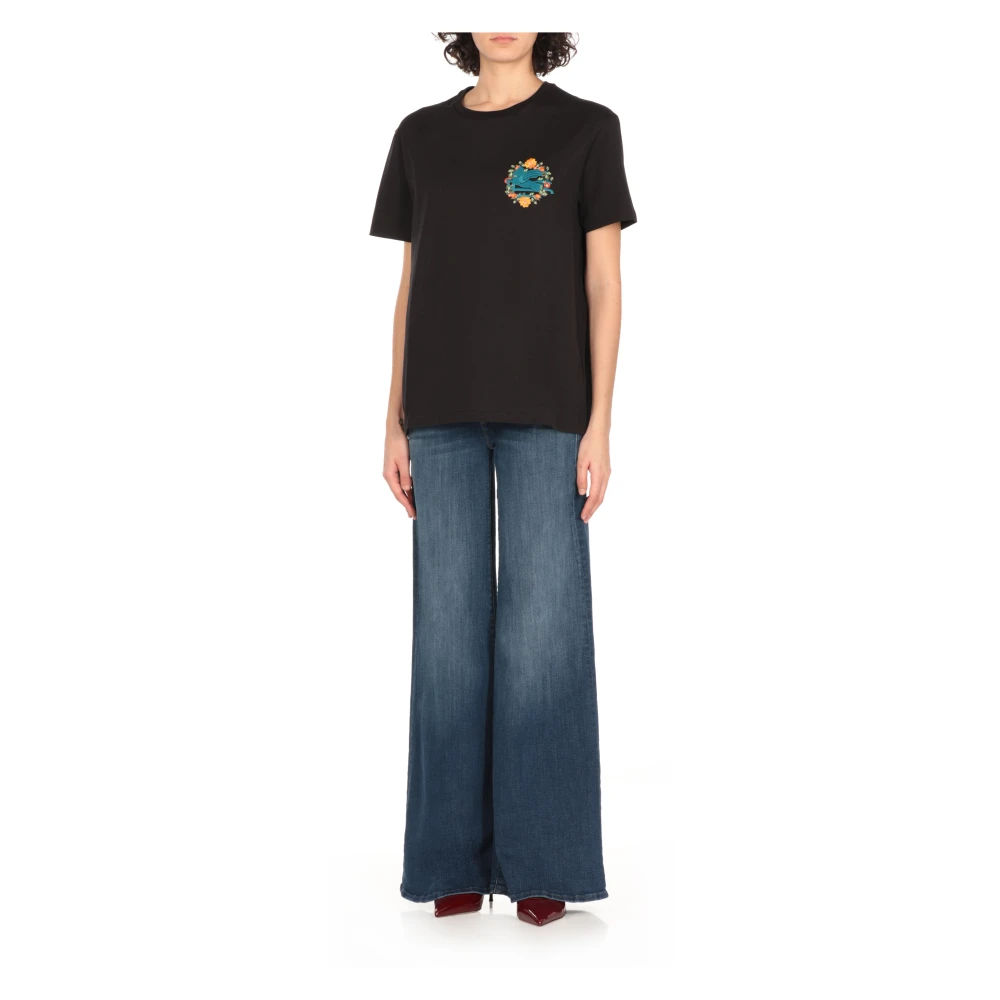 ETRO Zwart Katoenen T-shirt met Geborduurd Logo Black Dames