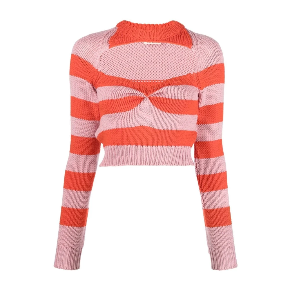 Marni Women's Pink Round-Neck Knitwear, Xs, Striped Crewneck Jumper