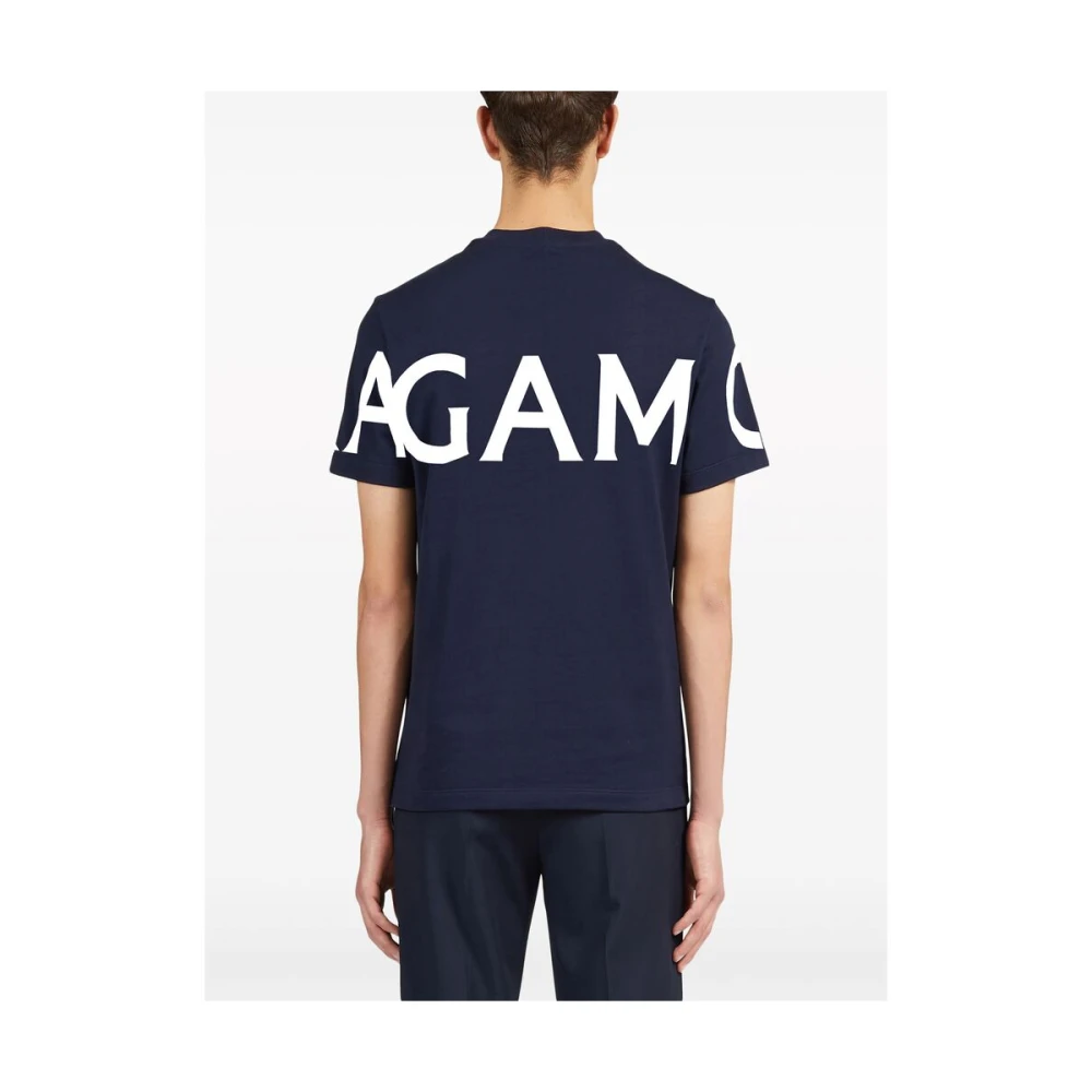 Salvatore Ferragamo Navy Blue Logo Print T-shirt Blue Heren