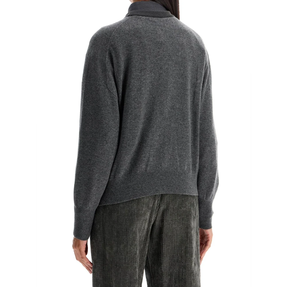 BRUNELLO CUCINELLI Grijze Cashmere Trui met Monile Borduurwerk Gray Dames