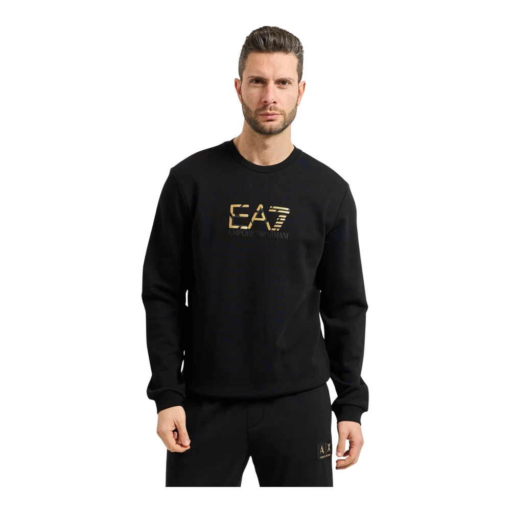 Emporio Armani Herr Svart Sweatshirts & Hoodies S, Bomull, Crew Neck Premium Label Sweatshirt