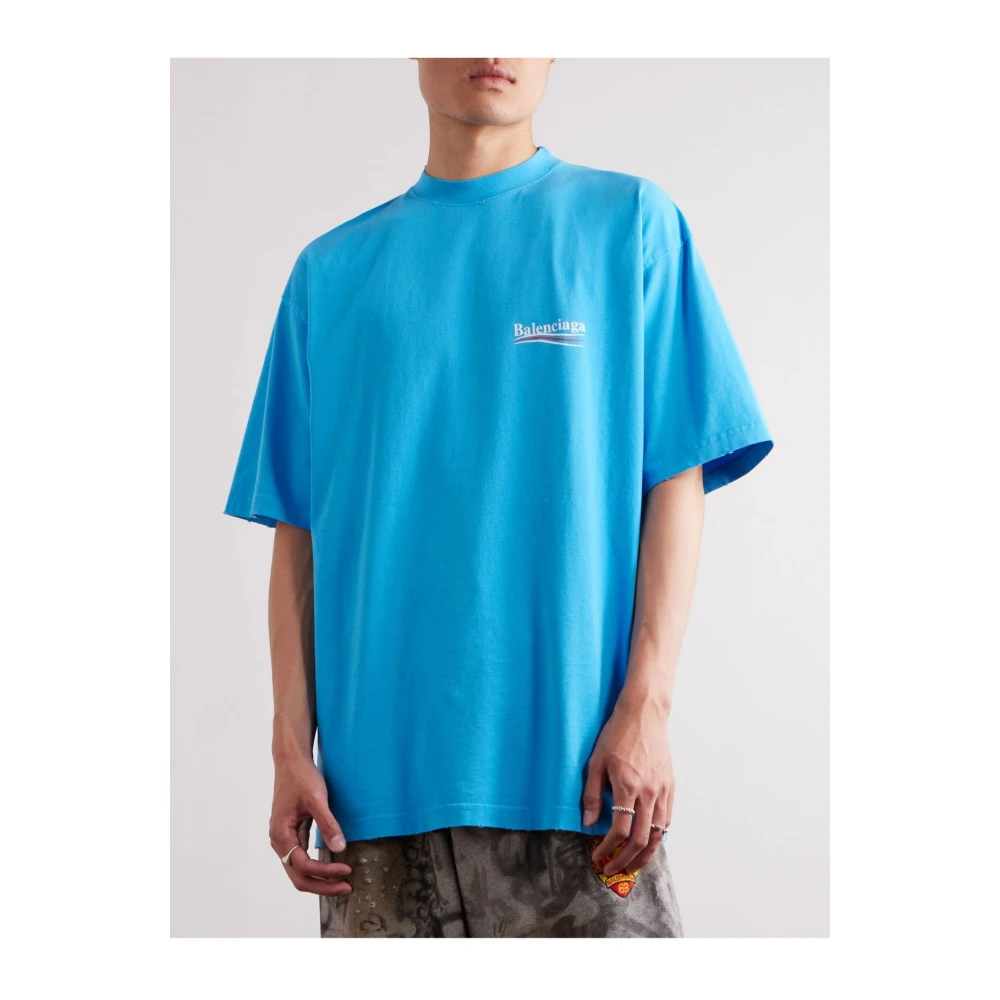 Balenciaga Logo Print T-Shirt met Distressed Effect Blue Heren
