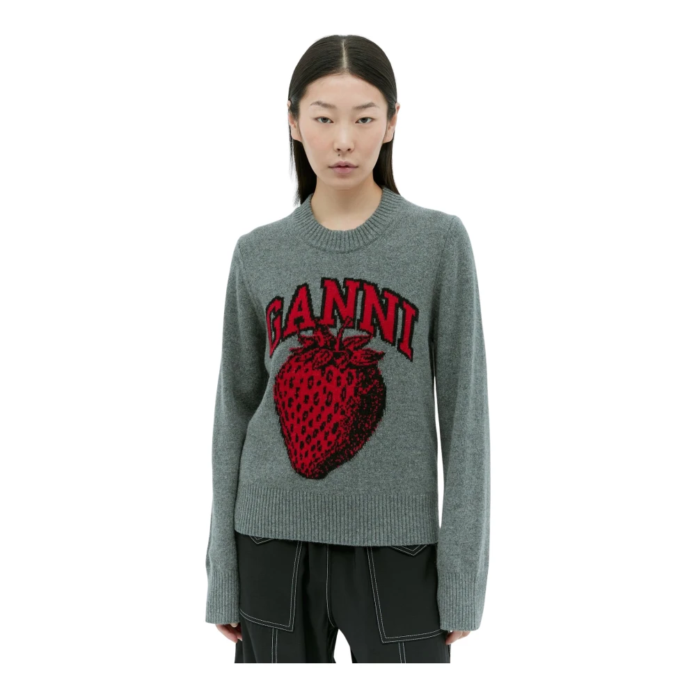 Ganni Gray Graphic Strawberry O-Neck Jumper - Female - Round-Neck Knitwear - L - Knitwear