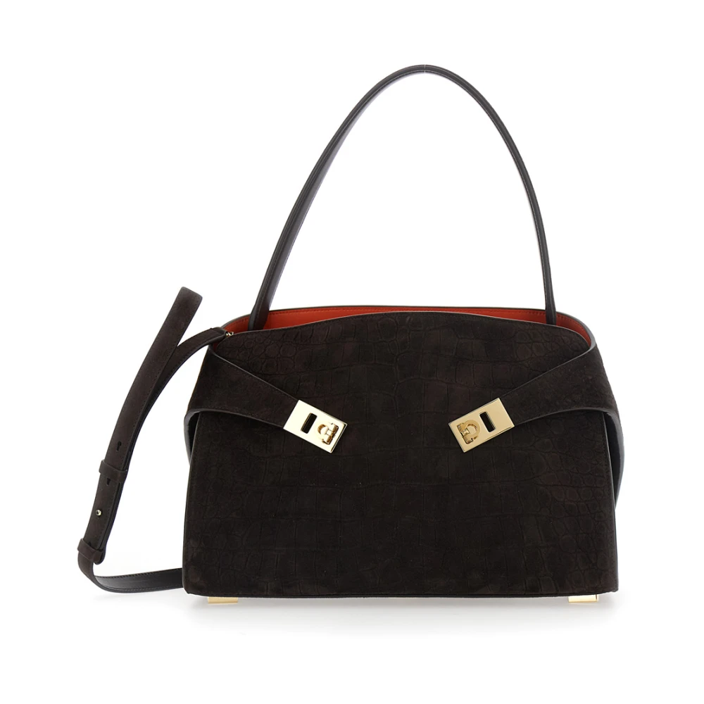 Ferragamo Hug Croco Print Suede - Female - Handbags - Brown - One Size - Bags