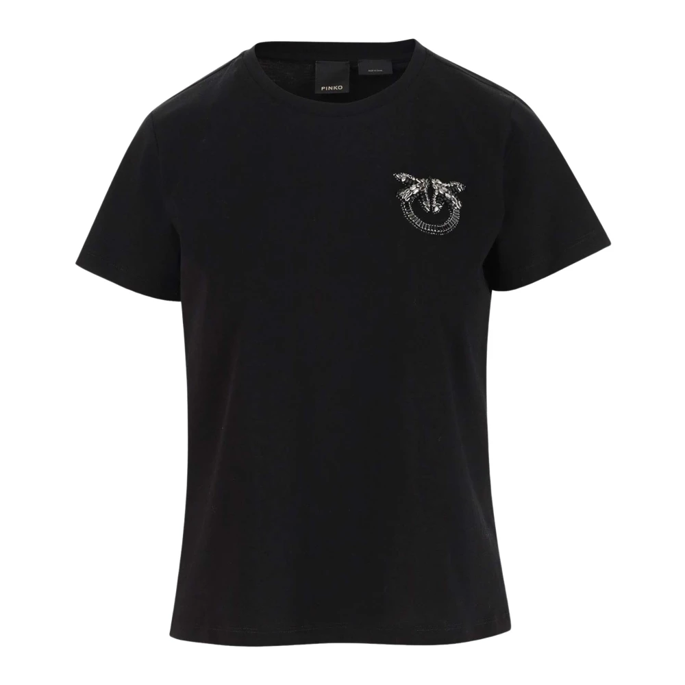 pinko Love Birds Geborduurd Katoenen T-shirt Black Dames