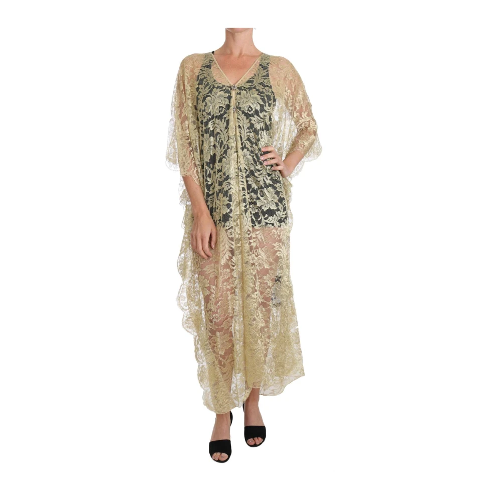 Dolce & Gabbana Women's Yellow Maxi Dresses, S, Floral Lace Kaftan Sundress Tunic Cape