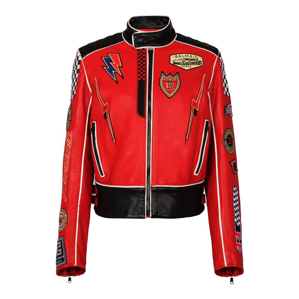 Balmain Lamsleren jas met Racing-patches Red Heren