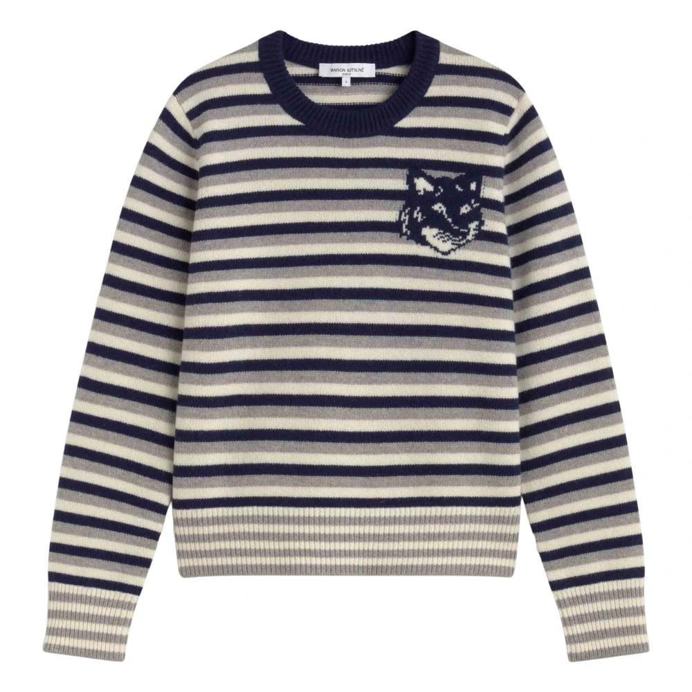Maison Kitsuné Gestreepte Fox Head Trui White Dames