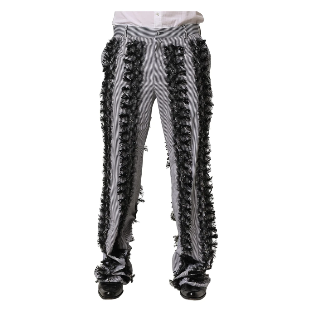 Dolce & Gabbana Men's Gray Wide Trousers, M, Pinstripe Embellished Trouser Trousers