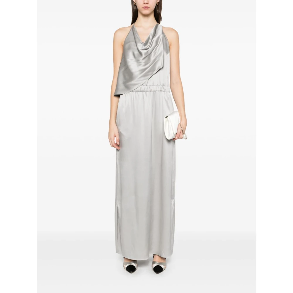 Giorgio Armani Zijden Grijze V-Hals Lange Jurk White Dames