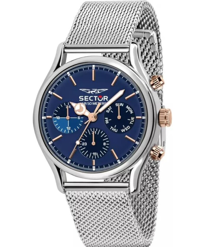 chronographe-cadran-bleu-bracelet-maille-montre