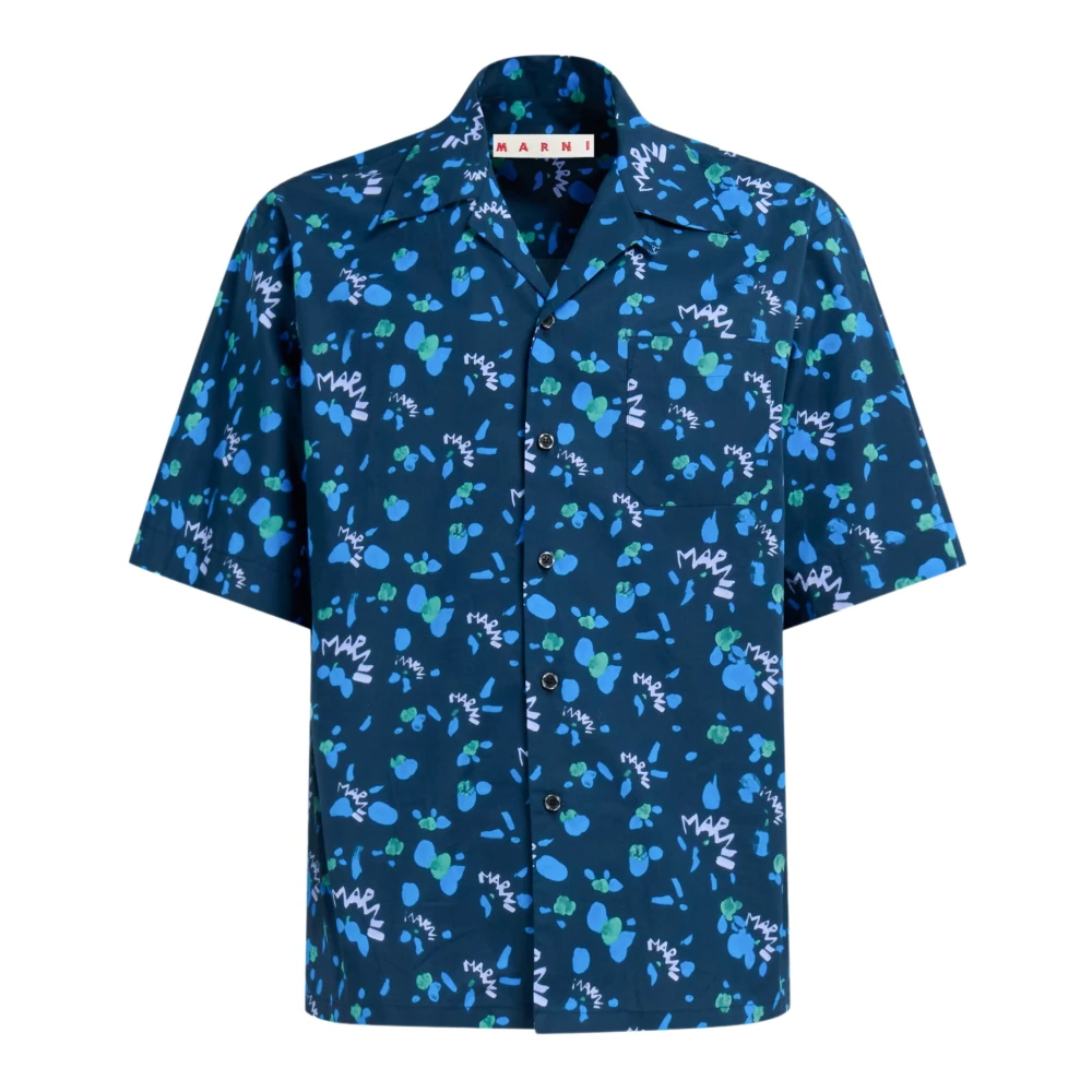 Marni Kortemouw Bowling Shirt met Dripping-Print Blue Heren
