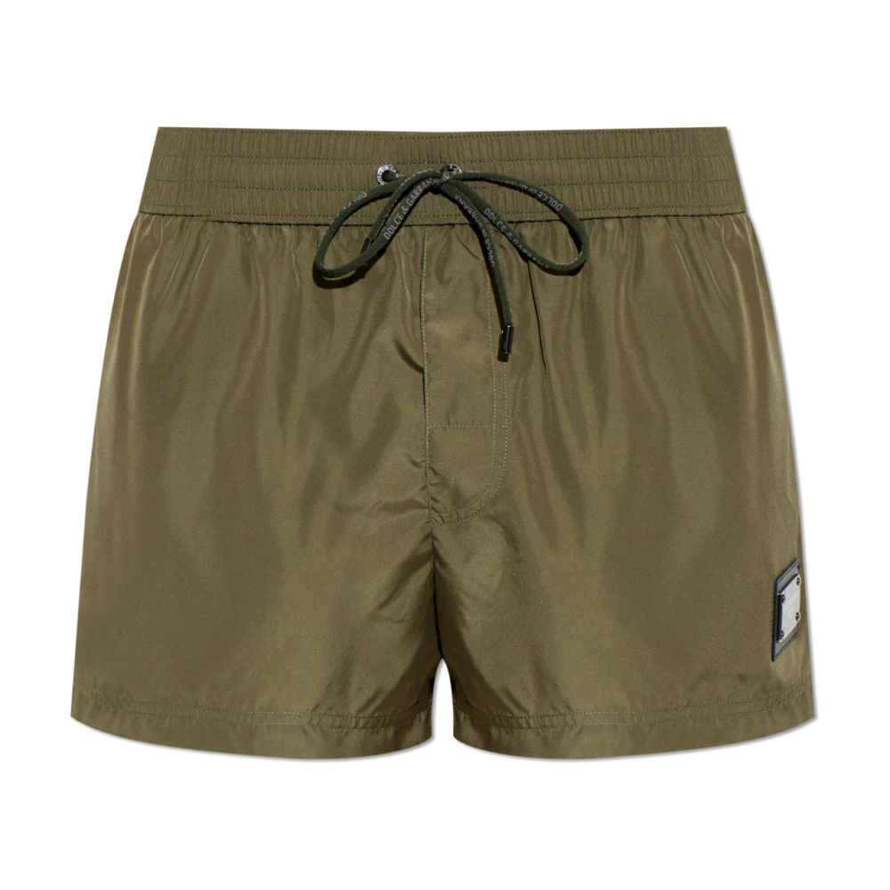 Dolce & Gabbana Mannelijk Groente Badmode Heren, Groen, S, Leer, Logo-Plaque Zwemshorts