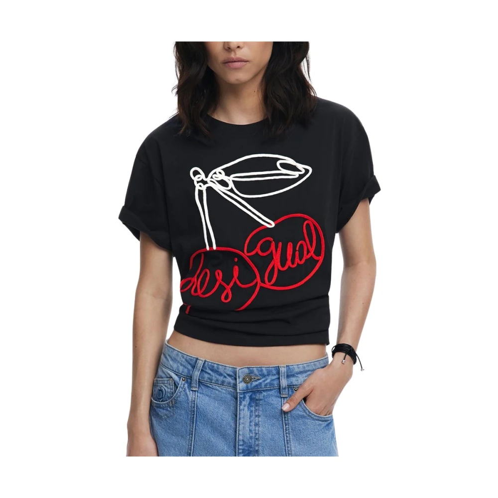 Desigual Donna Nero Maglietta Nera In Cotone Da Con Ricamo Chic