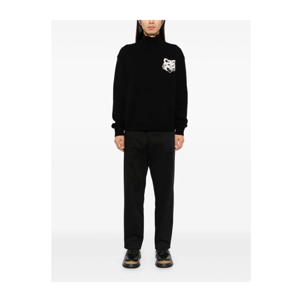 Maison Kitsuné Zwarte Fox Head Wollen Trui Sweater Black Heren