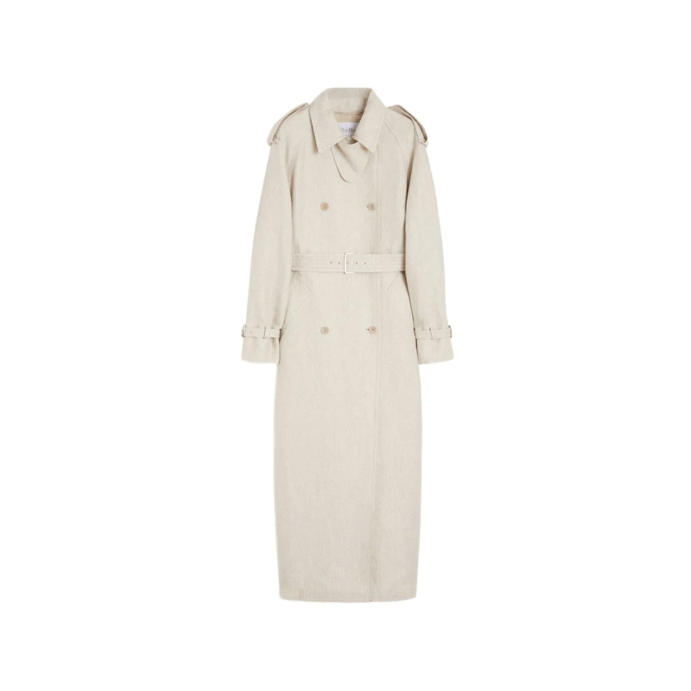 Max Mara Vrouw Beige Jassen Dames, Xs, Linnen, Spolverino Doppiopetto In Drill Di Puro Lino