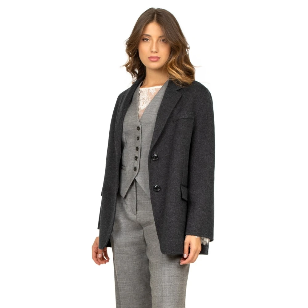 Semicouture Donkergrijze Wollen Jas V-hals Black Dames