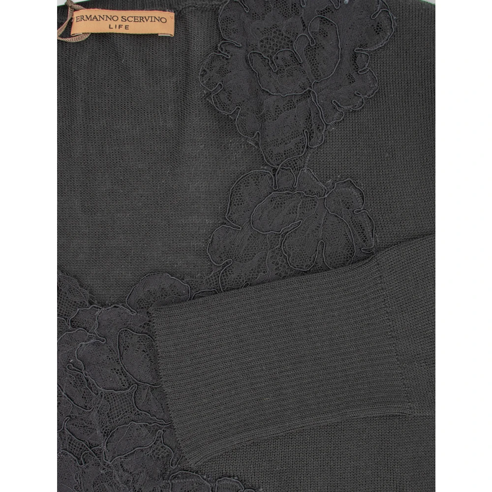 Ermanno Scervino Bloemen Kant V-Hals Gebreide Trui Black Dames