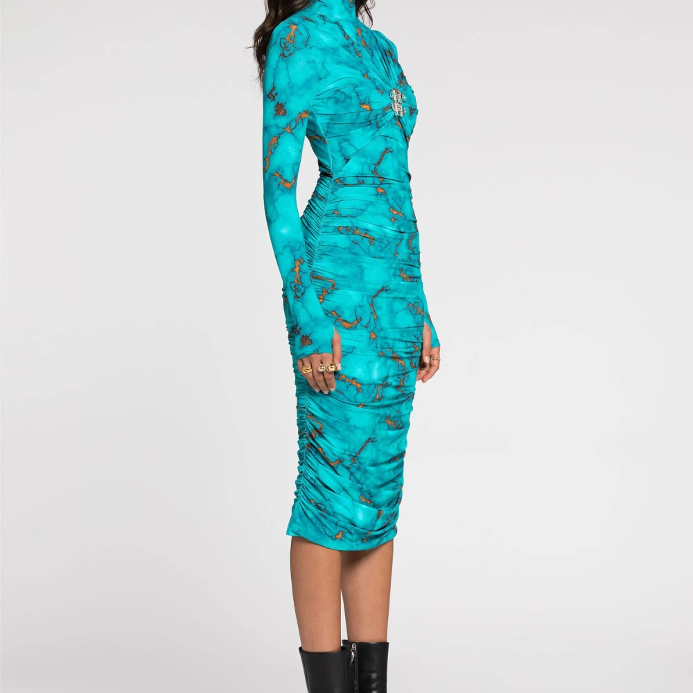 Roberto Cavalli Slang Marmerprint Bodycon Midi Jurk Blue Dames