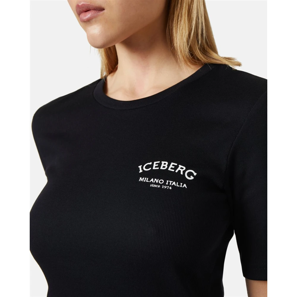 Iceberg Kortemouw T-shirt in katoenen rib Black Dames
