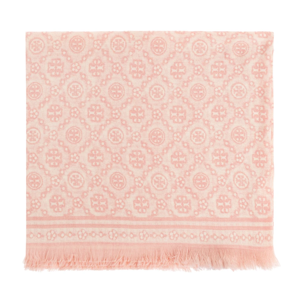 Tory Burch Women's Pink Scarves, One Size, T Monogram Floral Oblong Scarf