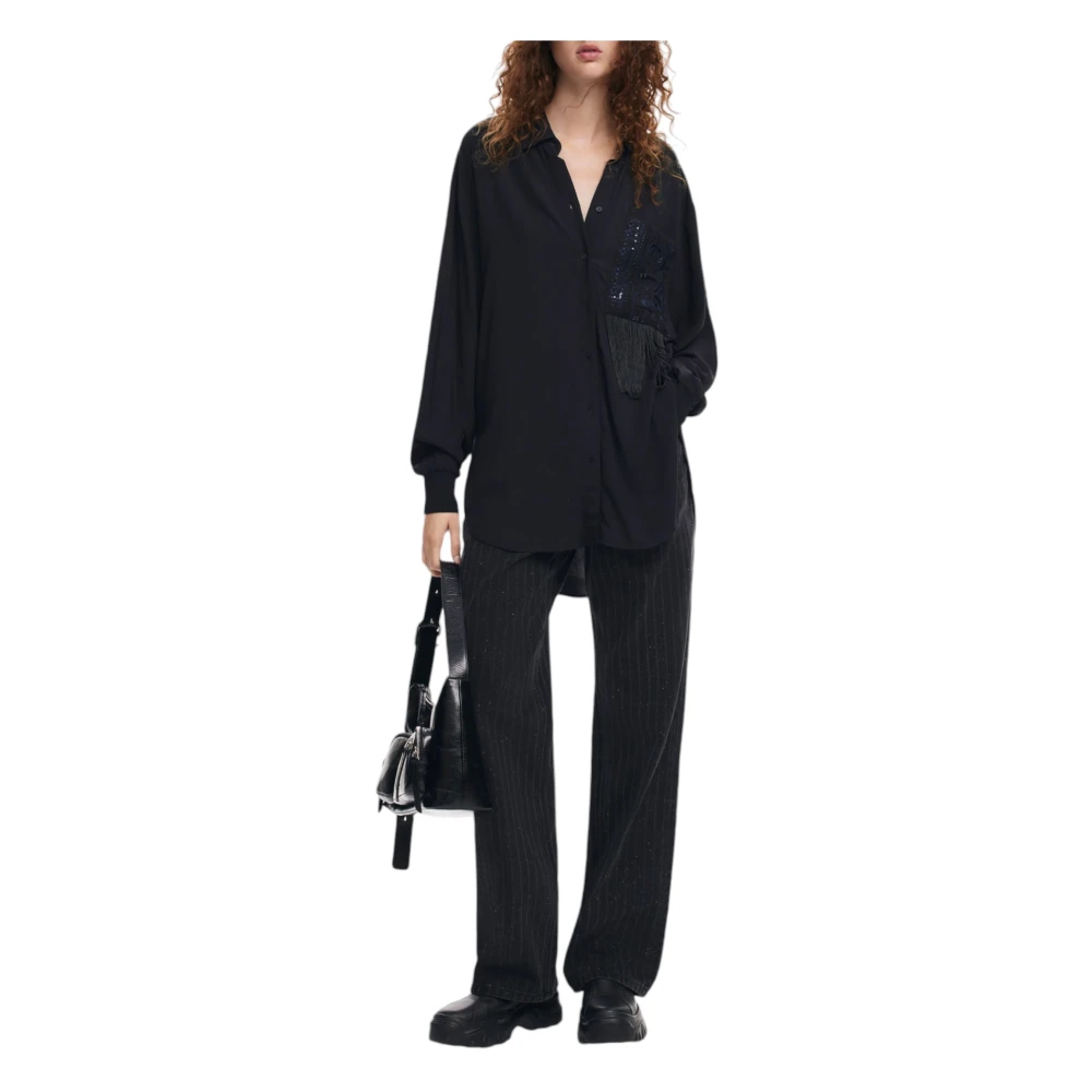 Desigual Zwarte Pinstripe Rits Jeans Vrouwen Herfst Winter Black Dames