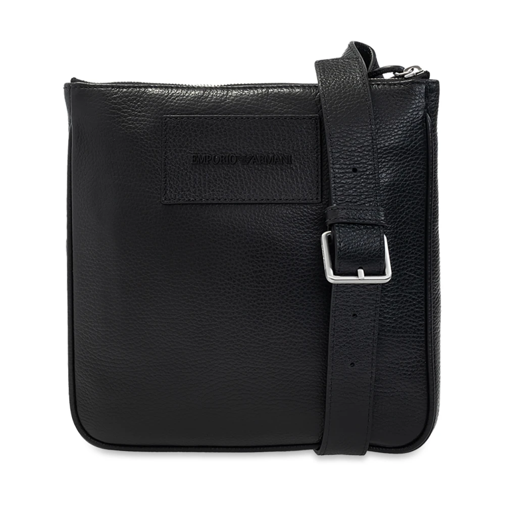 Emporio Armani Mannelijk Zwart Tassen Heren, One Size, Leer, Platte Schoudertas Van Getrommeld Leer