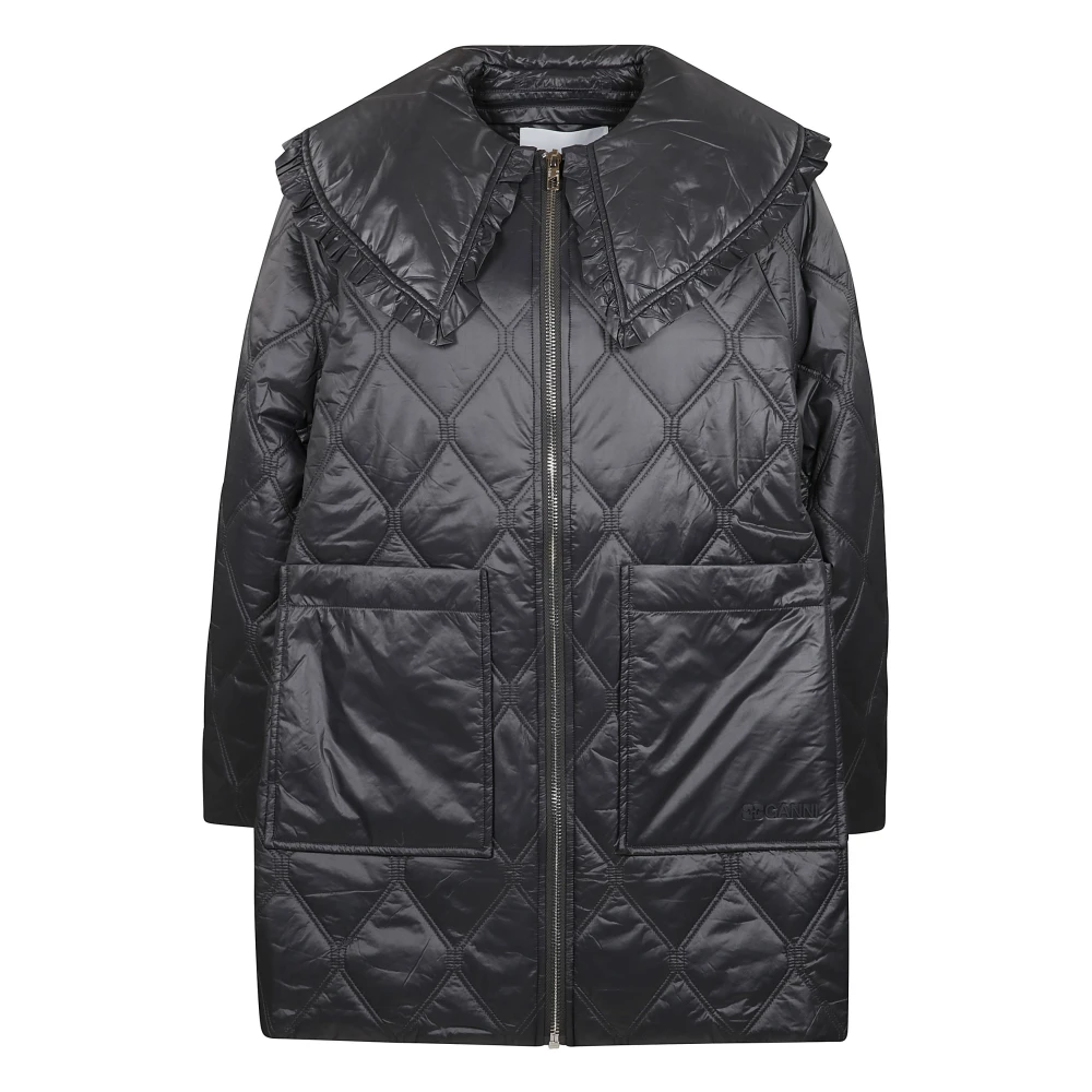 Ganni Gewatteerde Diamant Blauw-Grijze Pufferjas Black Dames