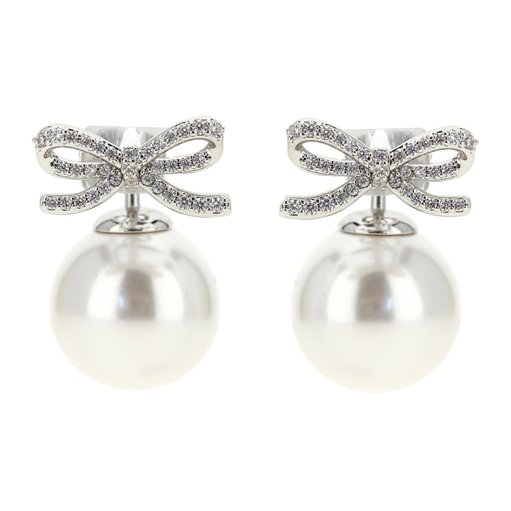Self Portrait Crystal Bow Pearl Back Earrings - Female - Earrings - Gray - One Size - Accessories