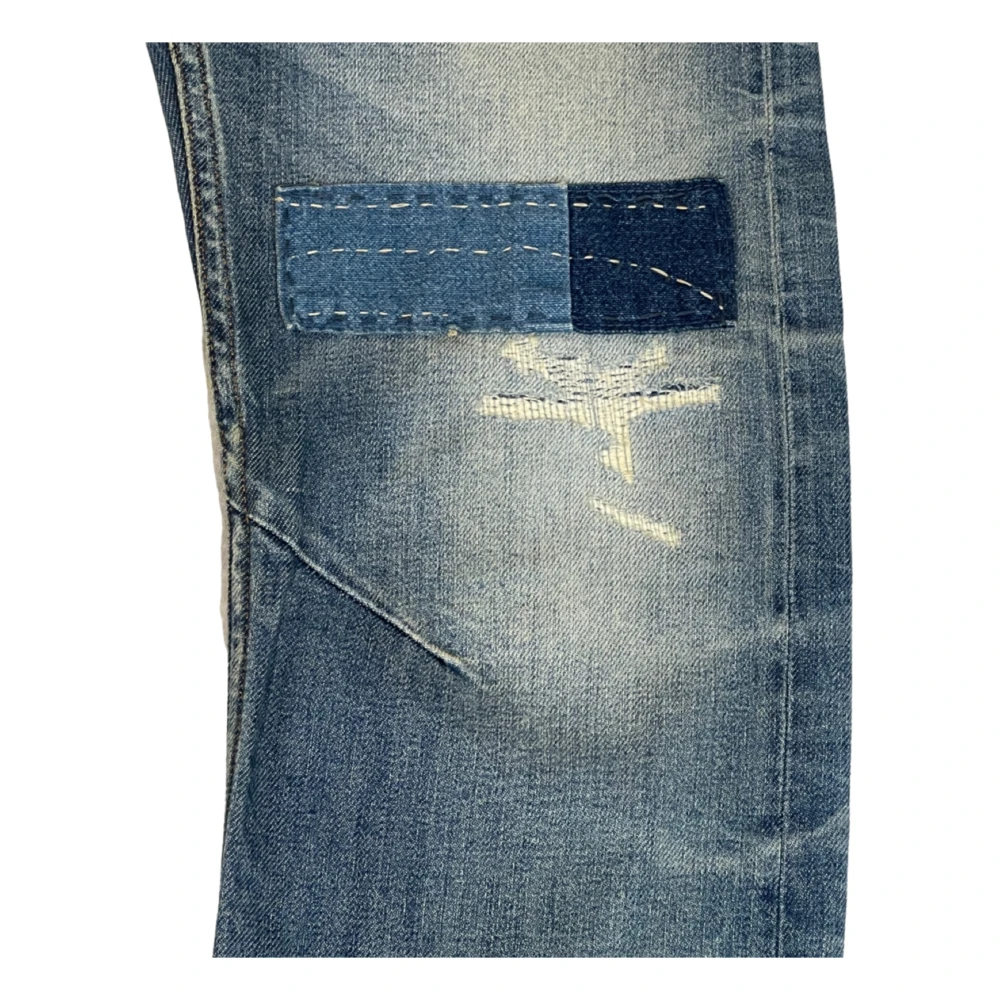 Denham Destroyed Straight Fit Donkerblauwe Jeans met Knoopsluiting Blue Heren