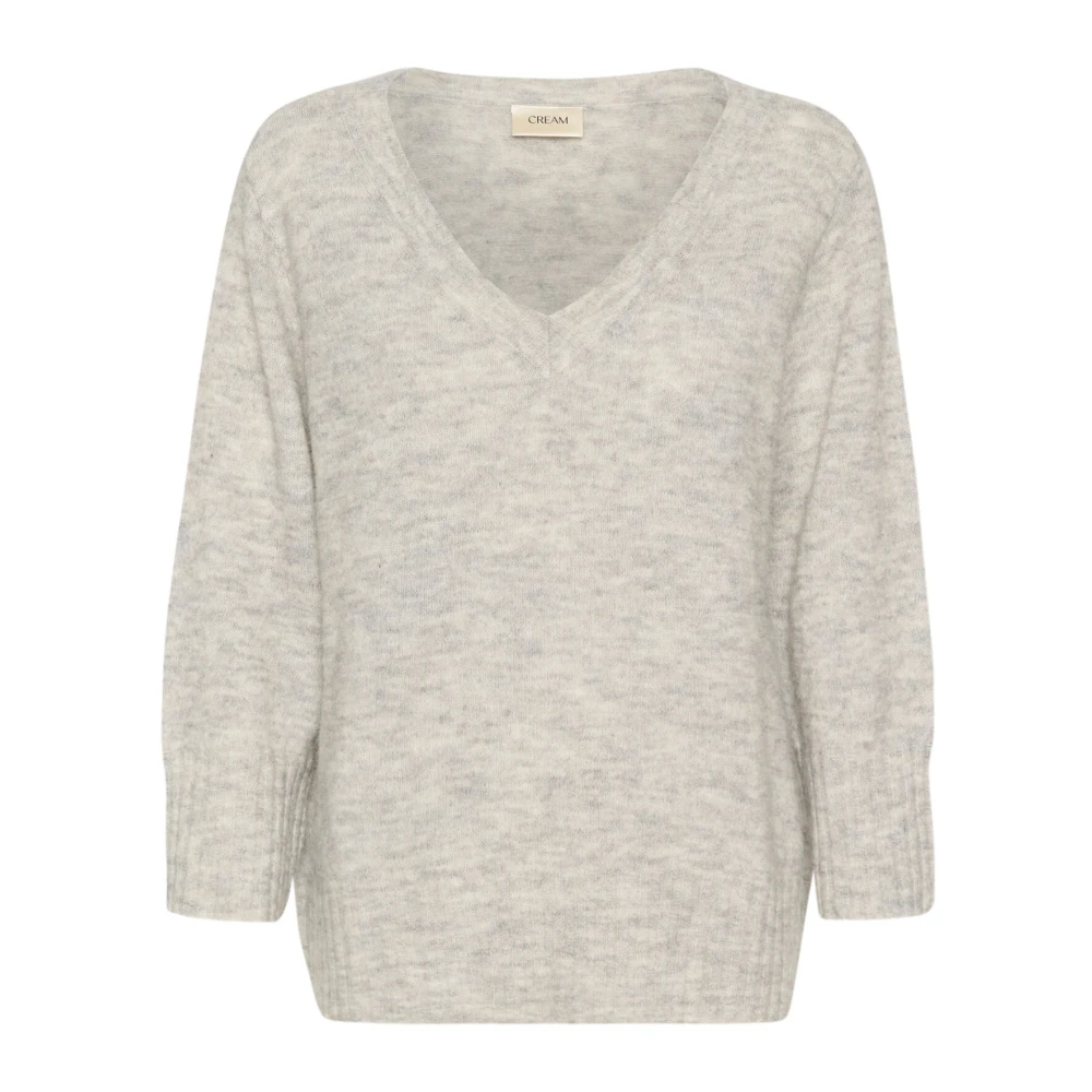 Cream V-Hals Pullover Gebreide Trui Licht Grijs Gray Dames
